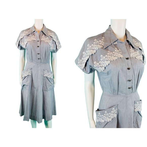 Vintage 1950s Chambray Dress Pockets Blue Embroidered ShirtdressW 25"